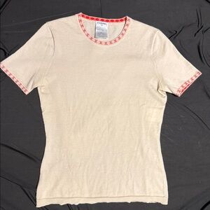 Chanel 100% Cashmere Red CC Beige Short Sleeve Knit Top 38 S